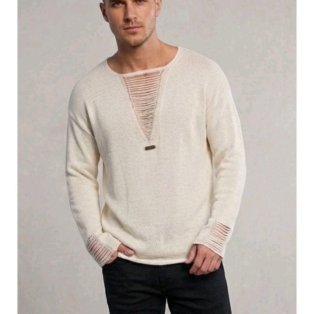 Manfinity Distressed Cream V-Neck Lightweight Viscose Summer Mens Knit Sweater M